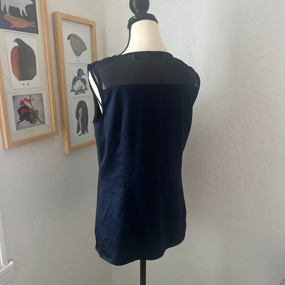 ESPRIT Navy Blue Satin Sleeveless Top Scoop Neck Rushing & Shoulder Detail Large - Picture 4 of 11